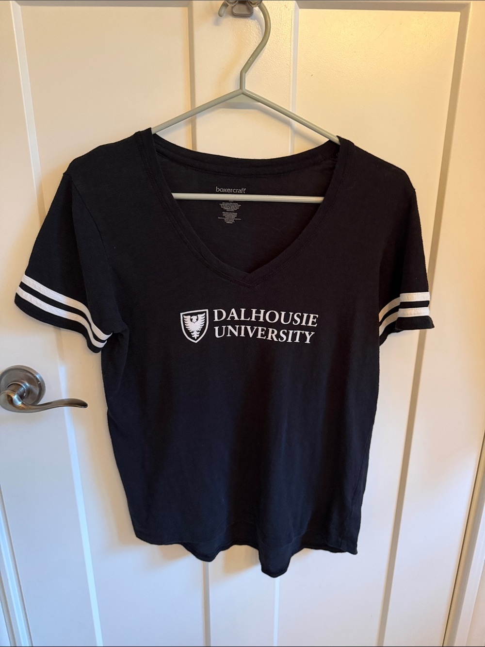 Black V-Neck Dalhousie University Tee with White Logo, size M
